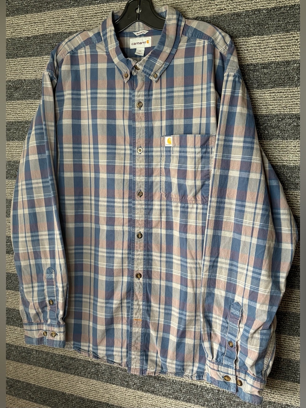 Carhartt Men's Relaxed Fit Blue Grey Plaid Button-Down Shirt 2XL EUC